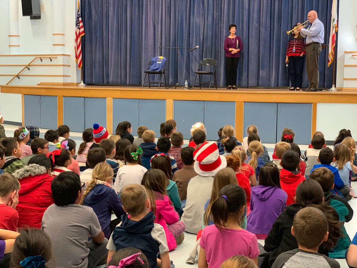 AADUSDSchools's tweet photo. @AADUSDStayGold This Week  we are celebrating Read Across America.  Our kick off assembly included a reading from Margaret Gonder and a fun little tune from our own Superintendent, Mr. King on his trumpet!  #DrSeuss #ReadAcrossAmericaDay https://t.co/gYIbiAqXiX