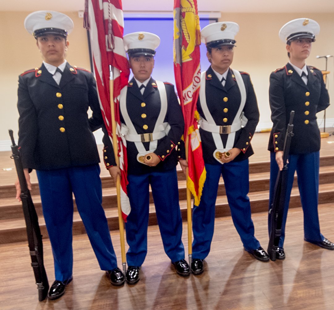 ECHS_MCJROTC's tweet photo. Our all female Color Guard presented colors at the VANC center in honor of the Women Marines Association 76th anniversary of the Women's Reserve. Thank you to all the WMA members for your service. @USMC #Respect https://t.co/PWdLah1avC