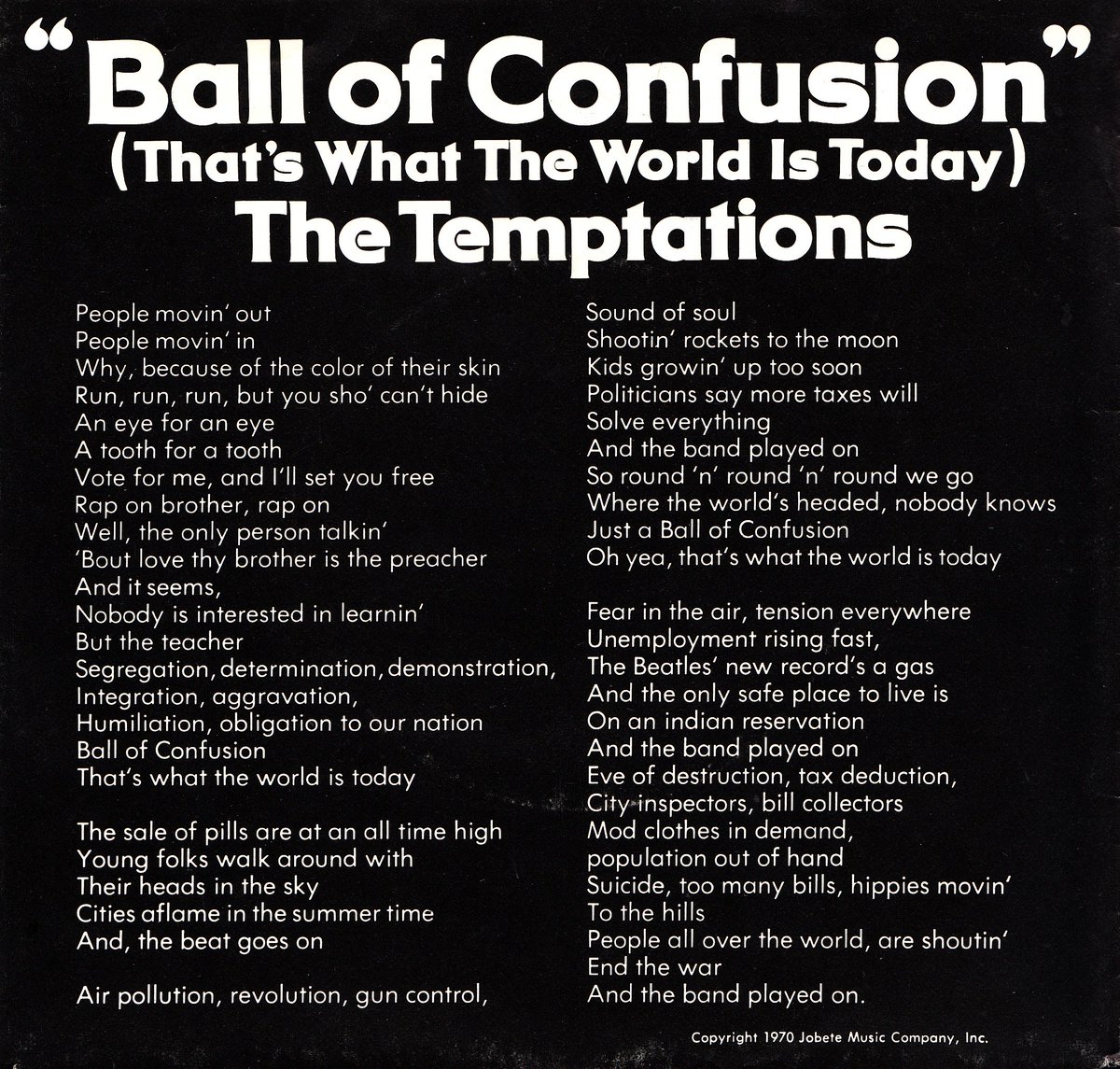 VietnamWarSongs's tweet photo. "Segregation...demonstration...air pollution...gun control...Eve of destruction...end the war" - Ball of Confusion (That's What the World is Today) (1970) #VietnamWar #CivilRights #Vinyl https://t.co/eDUoj4OqS3