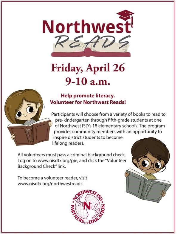 We would love to have you volunteer as a reader at Roanoke Elementary for our annual Northwest Reads event on Friday, April 26, 2019.  buff.ly/2TBN0ok
