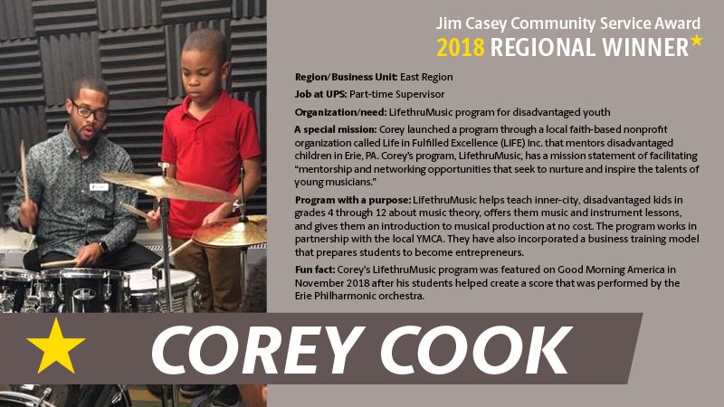 UPSers's tweet photo. Today's Regional Jim Casey Community Service Award winner is @EastUPSers Corey Cook. Corey is such a Super UPSer that he and his music program have been profiled on @GMA! https://t.co/K5UJIKhMmv #SuperUPSers #TogetherWeAreUPS https://t.co/z2Fr30q6rF