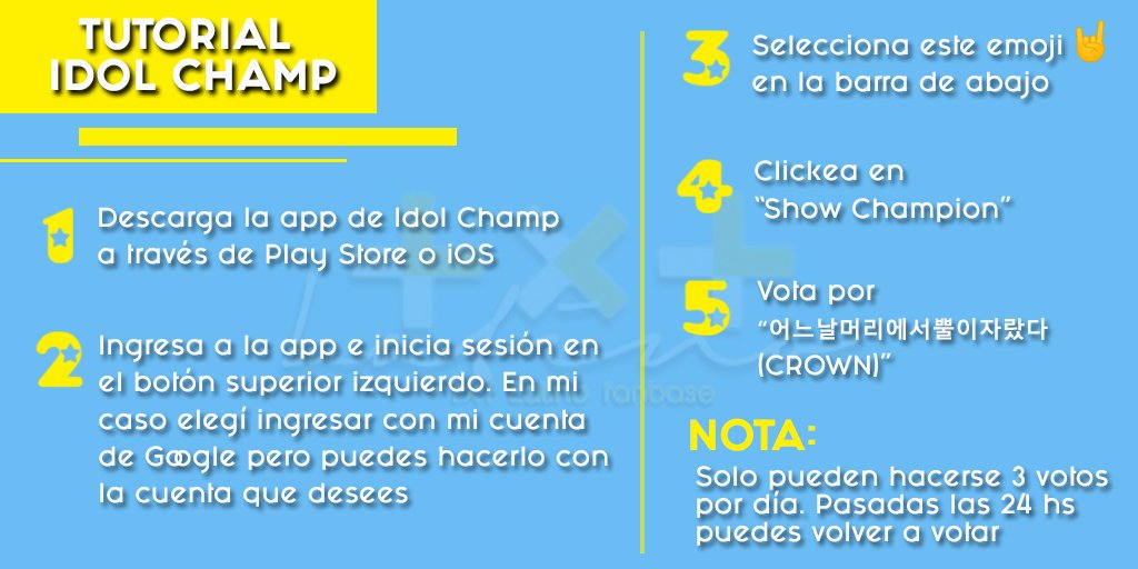 MyTXTLatam_'s tweet photo. ¡No olviden votar por 'CROWN' en Idol Champ!
Si no saben como hacerlo aquí les dejo un mini turorial
Del RT para que pueda llegarle a más gente💙

-🌙 https://t.co/xyzrgoRoGq