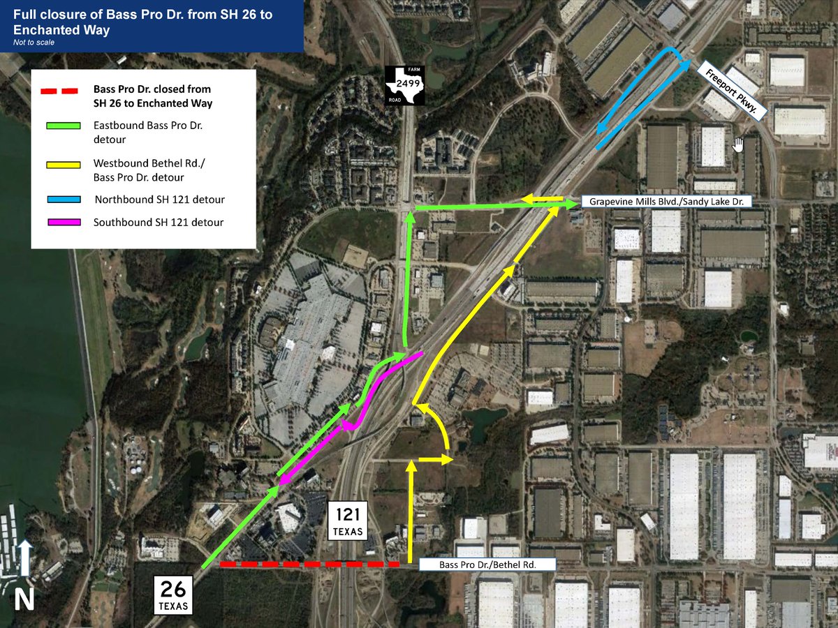 DFWConnector's tweet photo. Are you already thinking about the weekend? Us too! So we wanted to let you know Bass Pro Dr. will be closed from Fri. 3/8 at 8 PM to Mon. 3/11 at 6 AM. Check out the detour map below. #knowbeforeyougo @GrapevinePolice @GrapevineTXCity https://t.co/iu0xD2GmhG