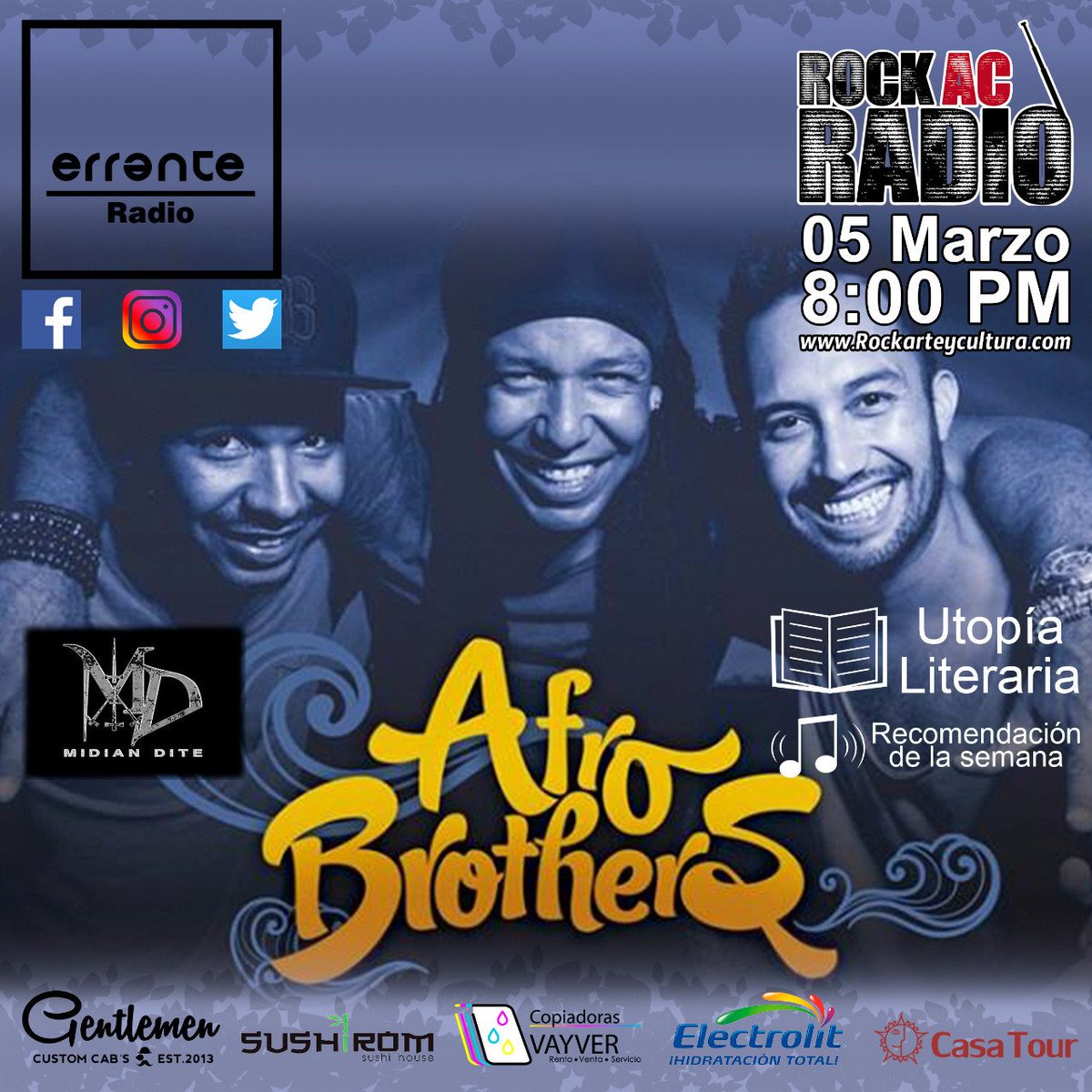 ErranteRevista's tweet photo. #FelizMartes
Hoy en #ErranteRadio
#UtopíaLiteraria les presenta al colectivo #PoetasImpropios que vendrán para compartir con poco de sus versos. 📖✍🏼
Tendremos a @MidianDite_ para hablarnos de "Hermosa sumisa". 🤘🏻 https://t.co/1O2eAhVjsp