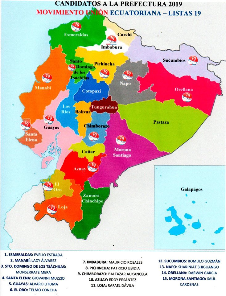 unionecua19's tweet photo. 📌Les compartimos el mapa de nuestros candidatos a la Prefectura a nivel nacional. Únete al cambio. Únete a Unión Ecuatoriana - Lista19!#UniónEcuatoriana #WashingtonPesántez #Listas19 #JustoLoQueNecesitamos #Ecuador #SeguimosCreciendo #TerceraVía https://t.co/iODRGekRex