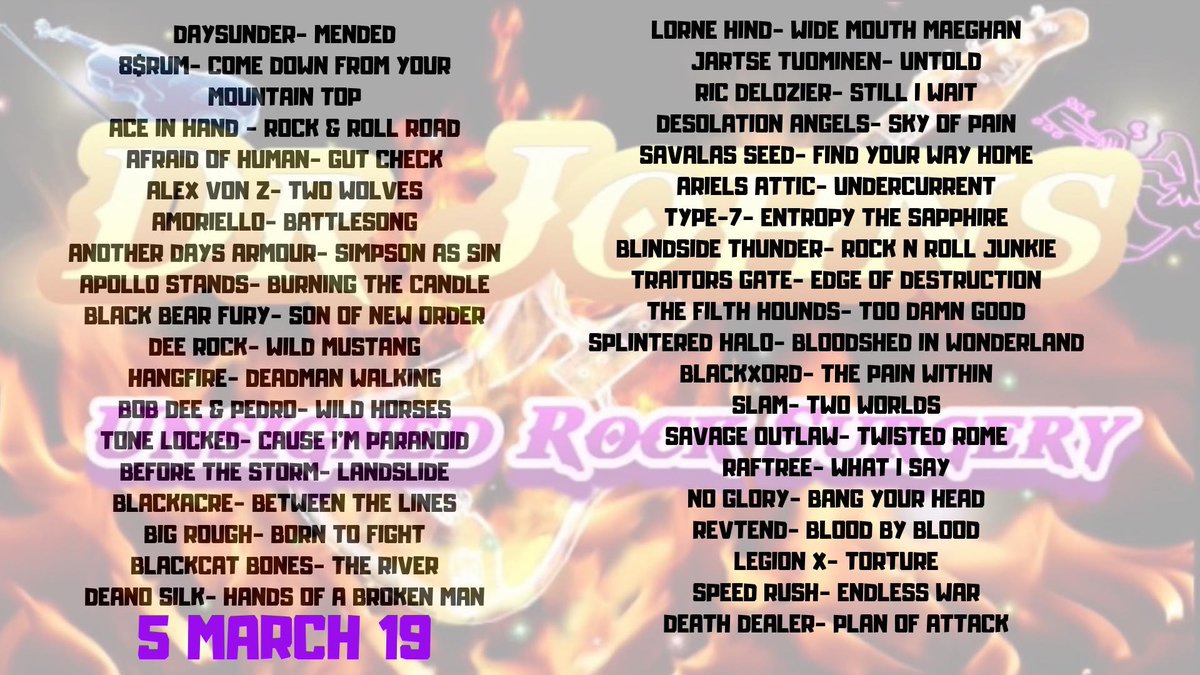 Tonights playlist if you like Rock then come and say hi and join in 
drjohnssurgeryrecords.co.uk/radio-chat/
6pm uk time 1pm est