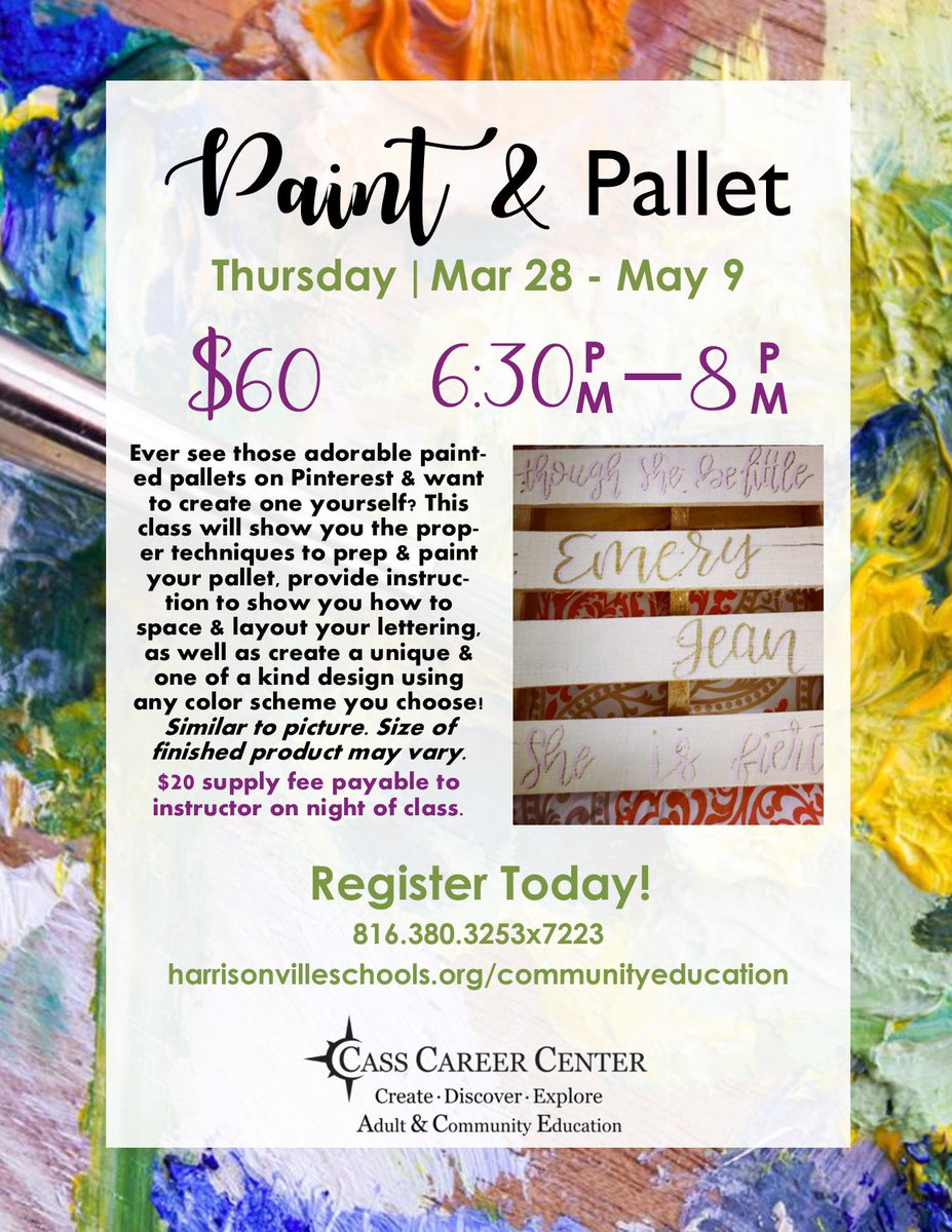 CCCCommunityEd's tweet image. Grab your DIYer friend and join us as we get creative with wood pallets!  Call us to enroll at 816-380-3253 Ext. 7223 or enroll online at harrisonvilleschools.org/communityeduca….