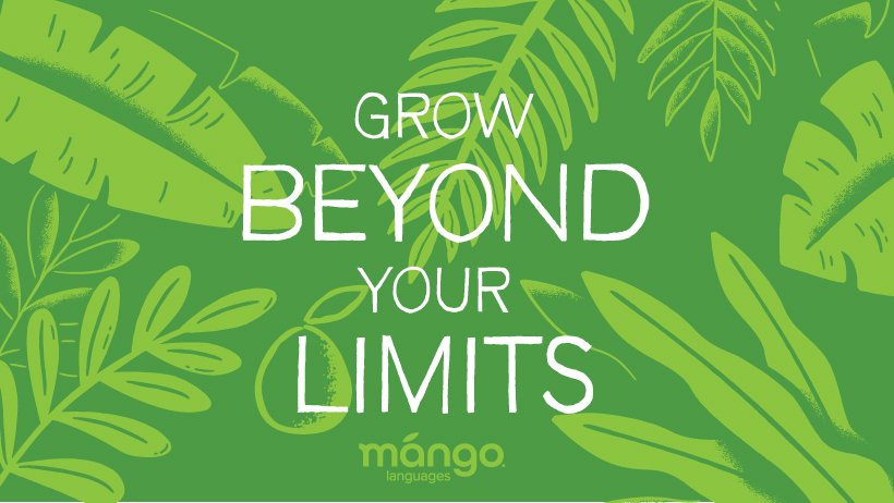 a green and light green illustrated background of palm tree leaves and a mango