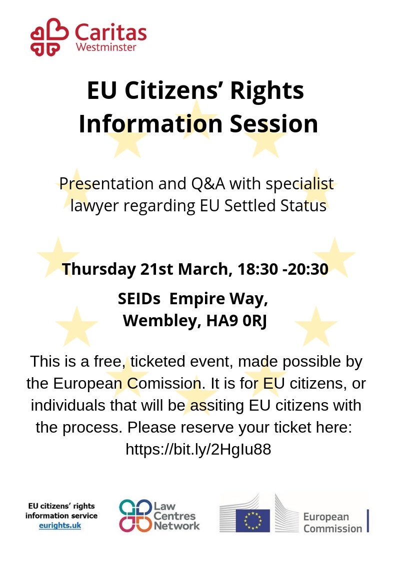 CaritasWestm's tweet photo. We will be hosting two FREE EU Citizens’ Rights Information Sessions. It will be delivered by a lawyer, made available through the EU Citizens’ Rights Project.

Tickets for Wembley session: https://t.co/RNSQljc37C 
Tickets for Hendon session: https://t.co/1RGB82BD8X https://t.co/IpiaDFO9pg