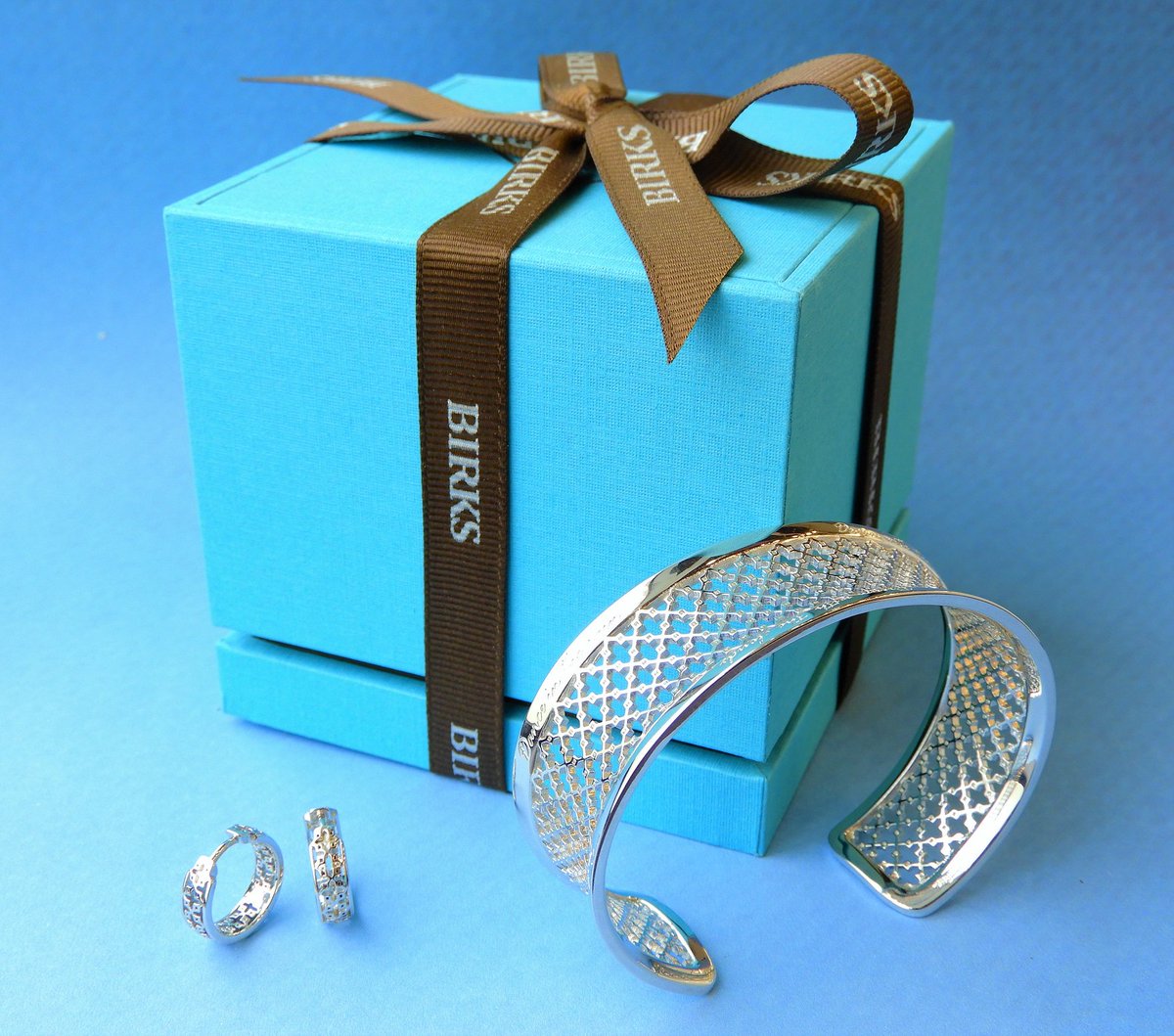 BIRKS sterling openwork cuff bracelet and huggie hoop earrings - Perfect wrapped up in a BIRKS Blue Box!  Earrings $225 Bracelet $495