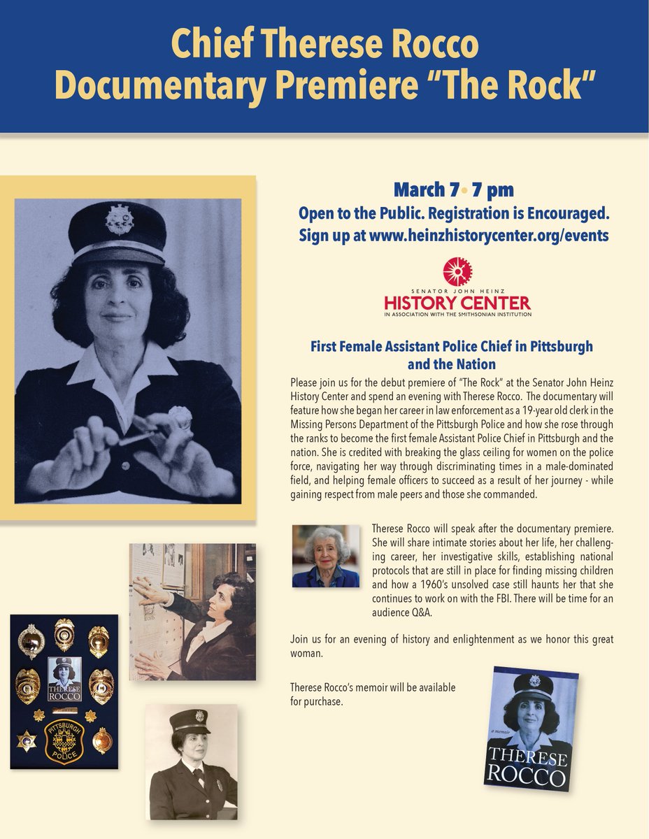 PghPolice's tweet photo. Thursday night at the Heinz History Center, former Asst. @PghPolice Chief Therese Rocco will be honored with the debut of a documentary on her life and career called "The Rock." For details, go to https://t.co/JHxEfWSzwj. Also, watch the preview here:
https://t.co/3EiXbCMZTp https://t.co/SZSrlYU5Nq