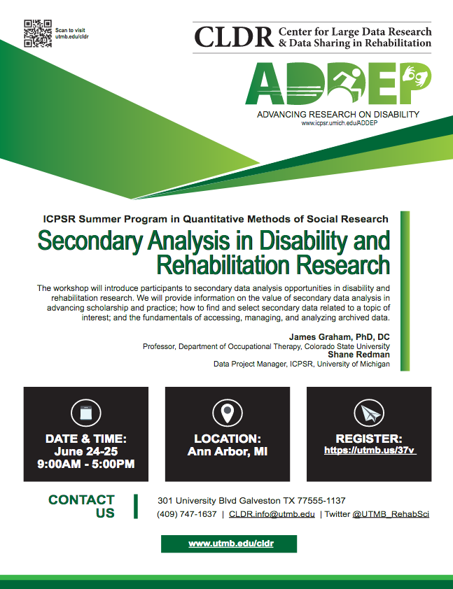UTMB_RehabSci's tweet photo. 06/24-06/25/2019 - ICPSR Summer Workshop in Ann Arbor: Secondary Analysis in Disability & Rehabilitation Research - introducing participants to secondary data analysis opportunities in disability and rehab research. https://t.co/IO7H8PEeCk
@ICPSR @ICPSRSummer @UMich #ADDEP https://t.co/VBoNvXxZ5r