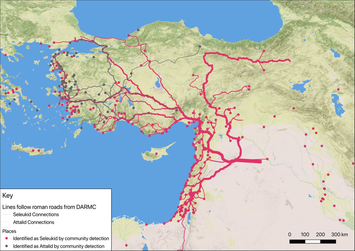 RyanMHorne's tweet image. Continuing experiments: @Gephi + Roman Roads + #pgRouting + @Qgis. Routes = shortest distance between any given node and a kingdom. The map shows political connections and # of attestations of a relationship between a place and a kingdom. Colors = community detection from @Gephi.