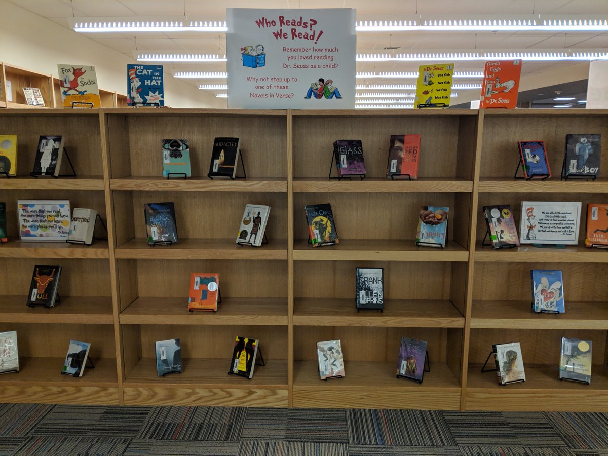 owls_library's tweet photo. BHS library celebrated Read Across America and Dr. Seuss's birthday with a new library display featuring novels in verse. https://t.co/psylPZJ7us