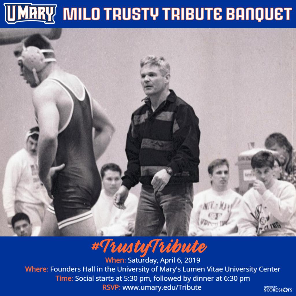 UMaryWrestling's tweet photo. Join us, April 6th, as we honor a legend!
The first head coach of @UMaryWrestling in '87, Milo Trusty lead us to a 120-5 dual record, 12 National Champions, 78 All-Americans, &amp; two NAIA National Runner-Up finishes! 
RSVP: https://t.co/bWh8rK8s9L
#BurnTheBoats | #TrustyTribute https://t.co/2v9Keu8Qrl