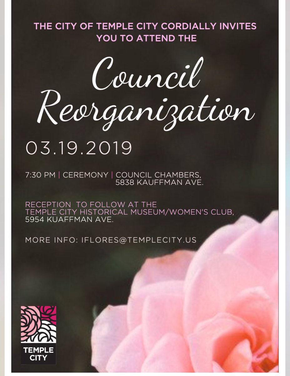 WilliamMan_'s tweet photo. It has truly been an honor to serve #TempleCity as Mayor this last year. Our annual ceremonial tradition of council reorganization will be on March 19, 2019.  Please join us! https://t.co/drwF7f4QA5