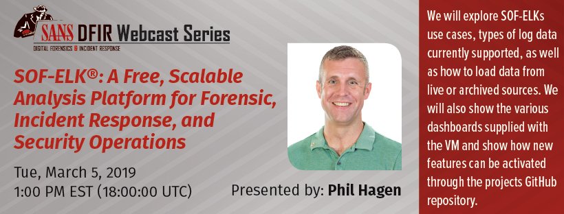 sansforensics's tweet photo. IN ONE HOUR! Join @PhilHagen's webcast at 1:00 pm ET to learn about the new version of @SOF_ELK and how it can streamline your investigations.
Read about it: https://t.co/vn5m1NYAjJ
Register for the webcast here: https://t.co/cDgjFufUnT
#DFIR #FOR572 #Threathunting https://t.co/IsrKBRGBJe