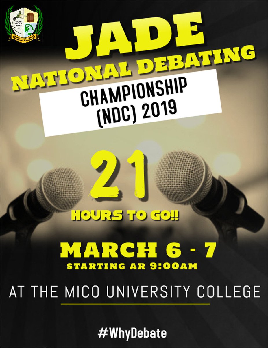 JADELimited's tweet photo. We are only twenty-one (21) hours away from Jamaica’s premier debating championship, JADE NDC 2019; less than a day. 

Bring your teams and compete for the grand prize of $100,000. 00 JMD. 

Contact us at (876) 781-0630 or send us an email at info@myjade.org for more information. https://t.co/hH1uWLQptp