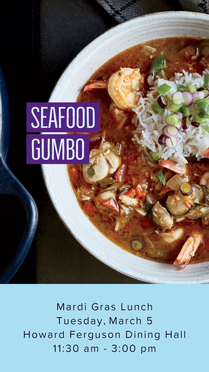 UCResidence's tweet photo. Join us for a Mardi Gras lunch today (Tue Mar 5) at UC's Howard Ferguson Dining Hall from 11:30 am to 3:00 pm. Featuring Seafood Gumbo, Louisiana Vegan Gumbo, Red Beans &amp; Rice and Cajun Corn Maque Choux. #LoveMyUC https://t.co/knifswwRLJ