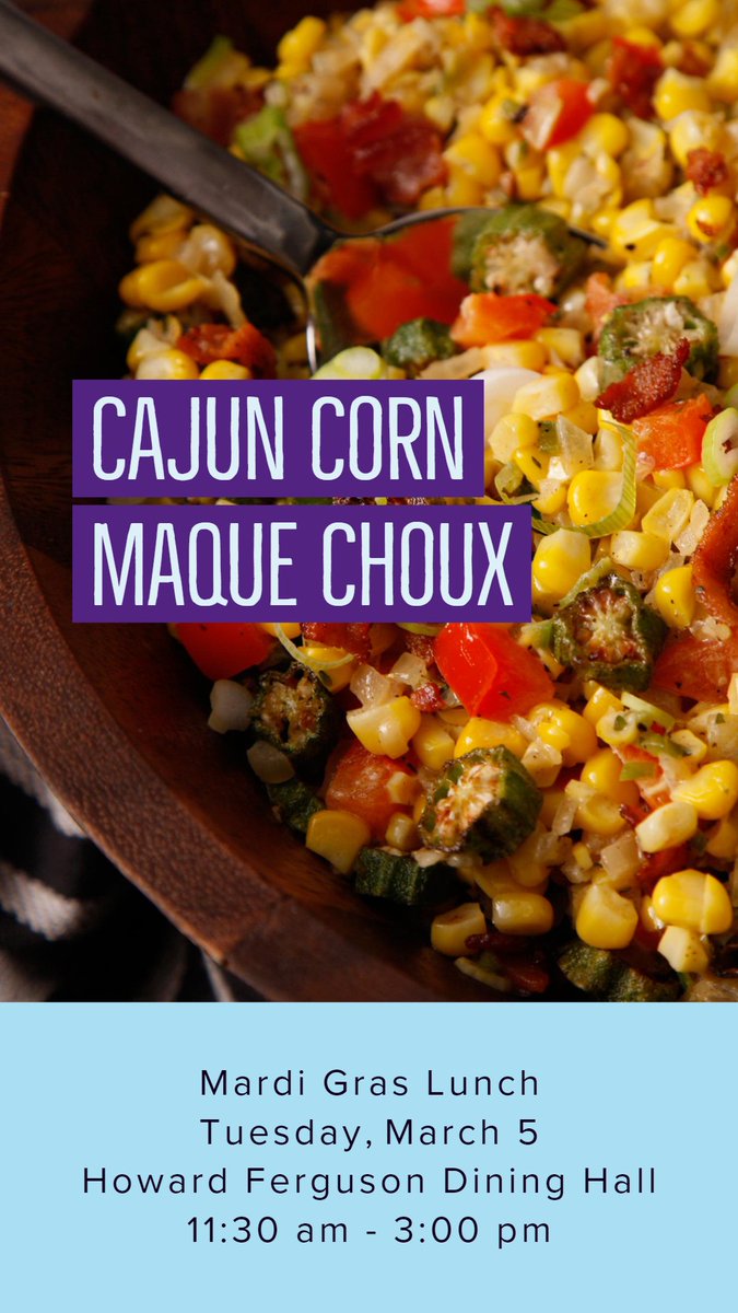 UCResidence's tweet photo. Join us for a Mardi Gras lunch today (Tue Mar 5) at UC's Howard Ferguson Dining Hall from 11:30 am to 3:00 pm. Featuring Seafood Gumbo, Louisiana Vegan Gumbo, Red Beans &amp; Rice and Cajun Corn Maque Choux. #LoveMyUC https://t.co/knifswwRLJ