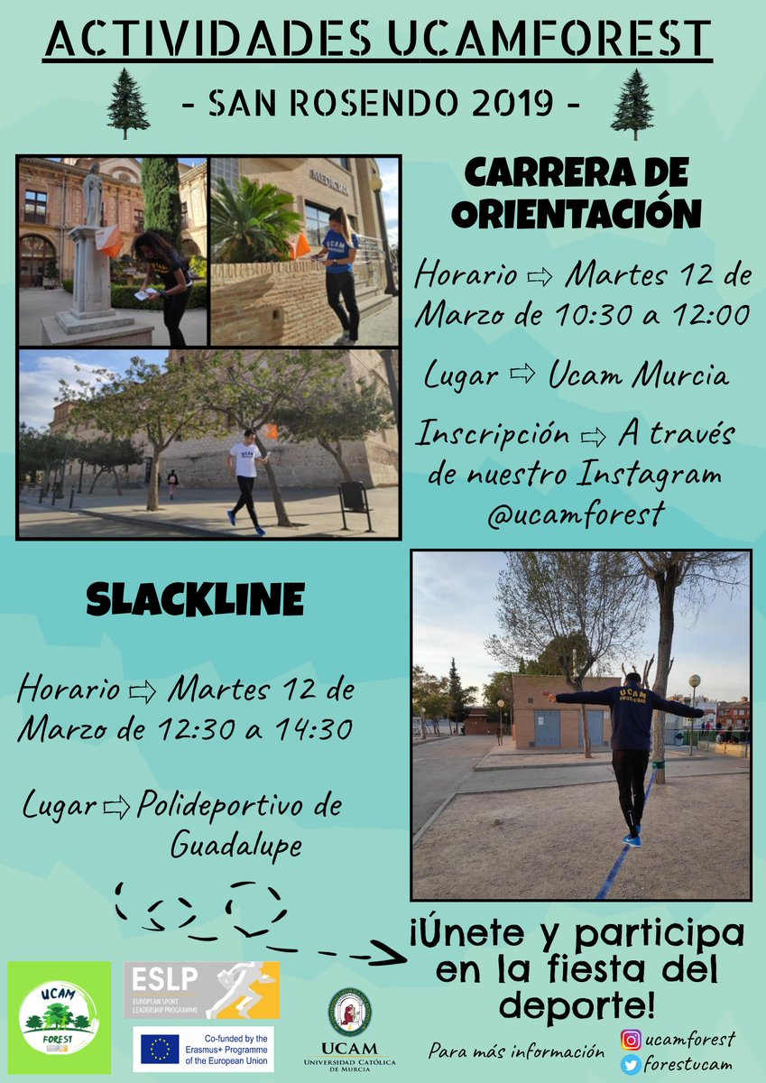 UCAM_CAFD's tweet photo. Conoce a @ForestUcam ➡️ Proyecto @Project_ESLP en #SanRosendoUCAM
¡Celebra el #20AniversarioFADE aprendiendo de las oportunidades del medio natural!
🔎🗺️ "Carrera de orientación"
📍@UCAM
🕰️ 10:30 - 12:00
⛰️🤸 "Slackline"
📍#Guadalupe
🕰️ 12:00 - 14:00 https://t.co/WtTMOi3NIE