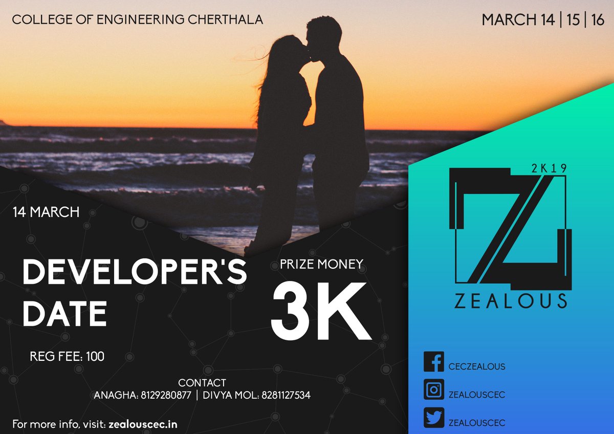 zealouscec's tweet photo. #DEVELOPERS_DATE

All you have to do is to bring your oppositely gendered coding maestro partner and hack a website seemingly impenetrable!

Come over on the dates of 14th of March and prove yourself at #CEC and claim a prize of 3 GRAND!!

Registration fee: ₹100

#Zealous2K19 https://t.co/fyBZNWYcDi