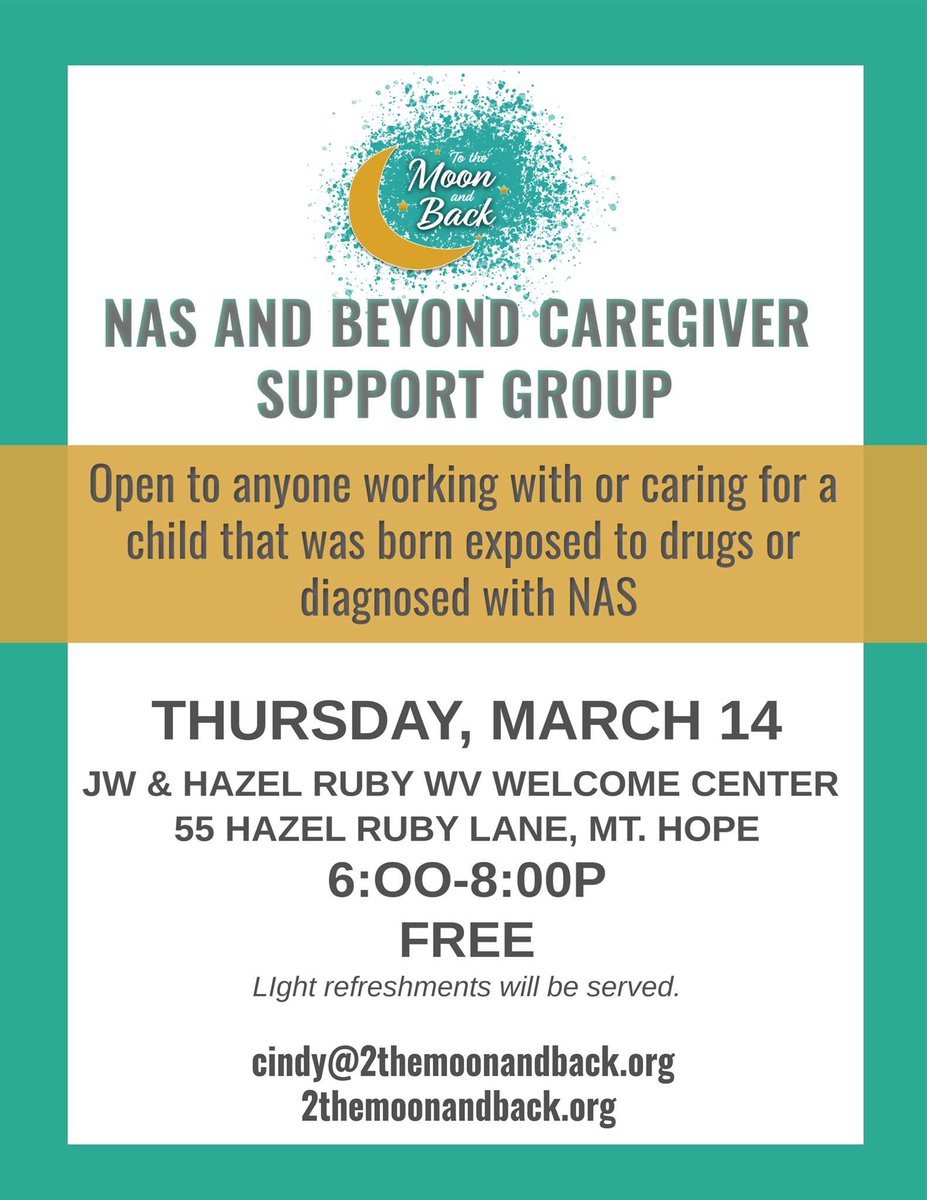 ToTheMoonMA's tweet photo. TTMAB WV has been working hard on putting this event together!!  Please join us NEXT THURSDAY 3/14.  Open to all caregivers of children born with #NAS.  @WVYotC @kkcaseman @wvkidscount #beyondNAS #becausebabiescantsayno https://t.co/4axinhTEyL