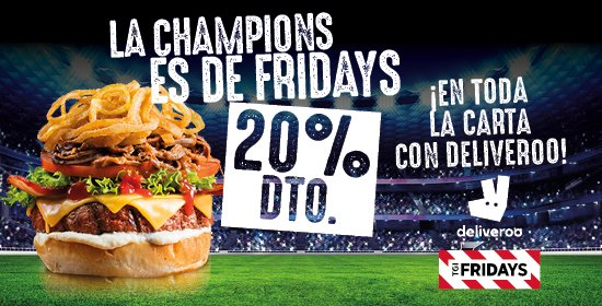 Fridays_esp's tweet image. Noche de #Champions! Pide con @Deliveroo_ES y disfruta de un 20% de descuento en toda nuestra carta! bit.ly/DeliverooChamp…