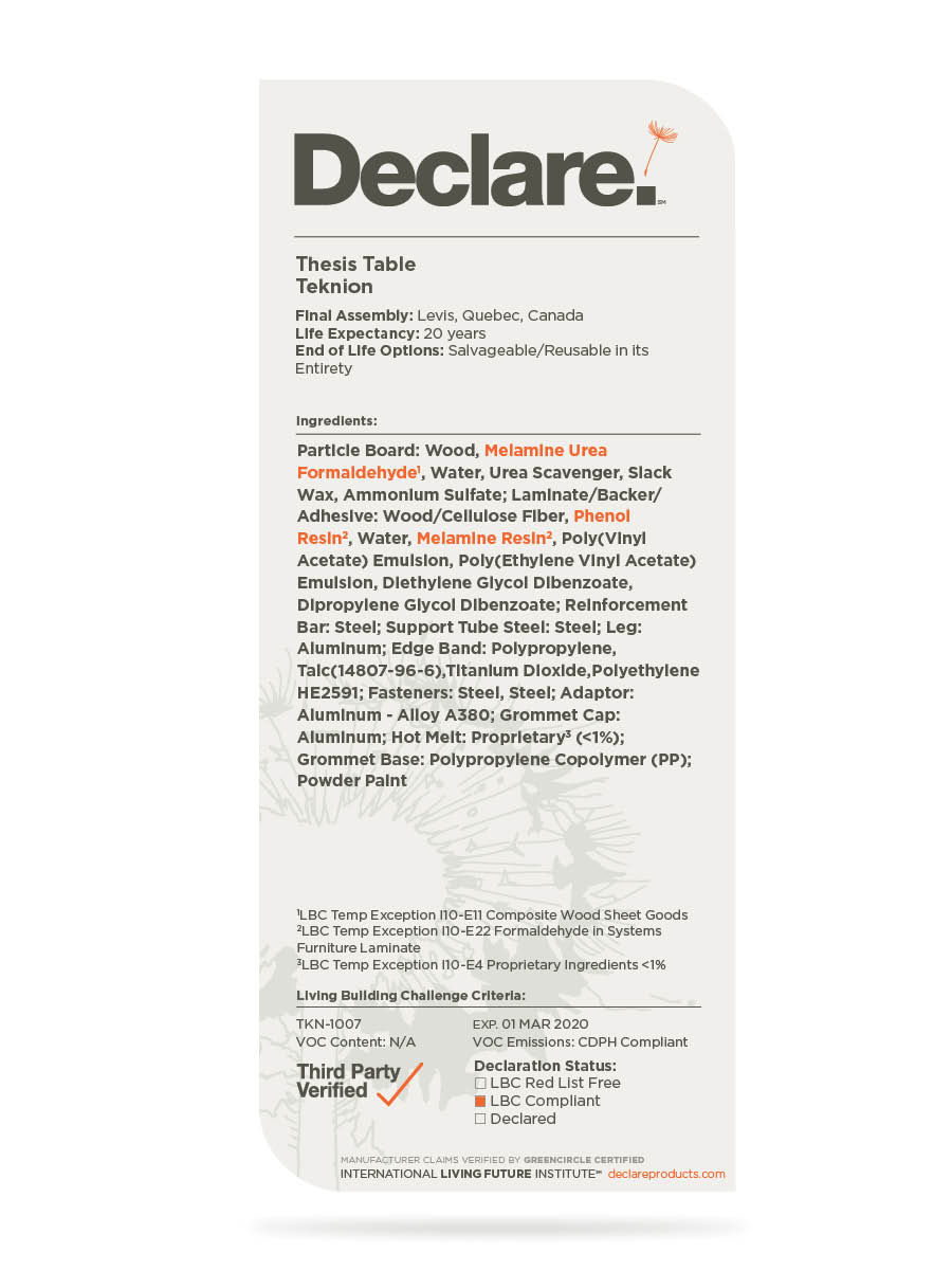 GreenCircleCert's tweet photo. Congratulations @teknion on the renewal of your Declare label! GreenCircle completed a rigorous verification of Teknion’s Declare label to confirm that all information is accurate and true. Thank you for committing to transparency! #CertifiedTransparency @Living_Future https://t.co/Yy9ECpFN6M
