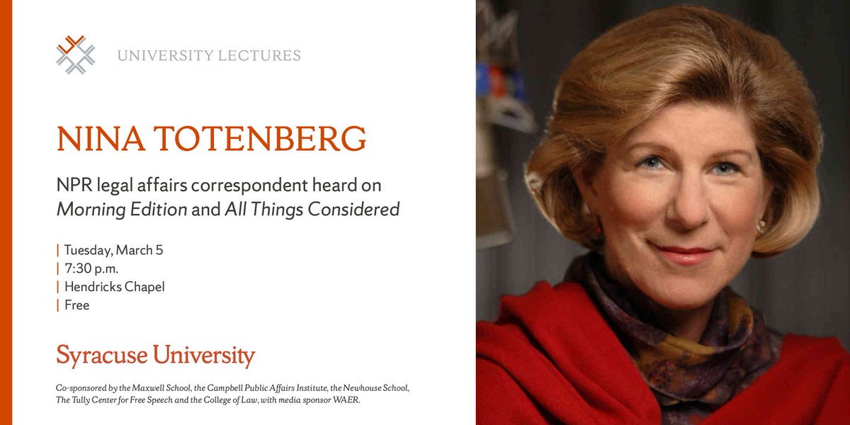MaxwellSU's tweet photo. Tonight 7:30PM: University Lecture series welcomes Nina Totenberg, NPR's award-winning legal affairs correspondent.
#SULectures
@Campbell_SU 
More info: https://t.co/VVMBa8jisu https://t.co/HP3rYX1bof