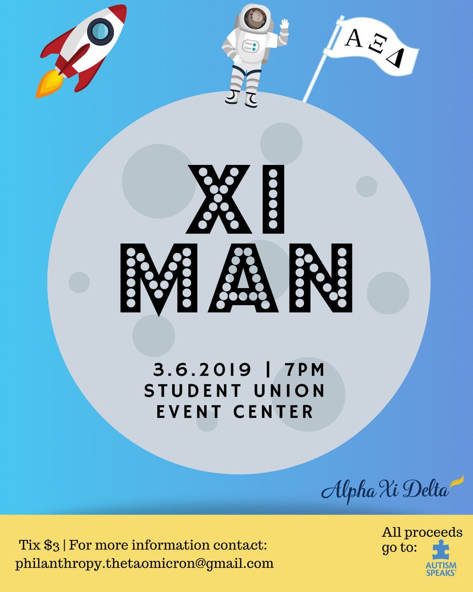 ERAUTouchNGo's tweet photo. Join us this Wednesday at 7 for Alpha Xi Delta's Xi Man! We'll be enjoying live entertainment, and all proceeds go to their philanthropy, Autism Speaks. Purchase your tickets today and tomorrow in the Union, 11am - 3pm! https://t.co/xHafRLJIeG