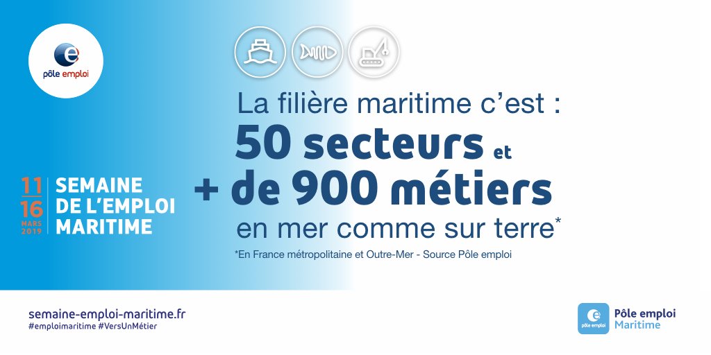 FranceTravail's tweet photo. Du 11 au 16 mars 2019 c’est la semaine des métiers maritime ⚓️🚢#Semainemaritime. La filière du maritime c'est 50 secteurs et plus de 900 métiers en mer comme sur terre avec des opportunités d'#emploi dans les années à venir. https://t.co/Kg6oXNXLv2