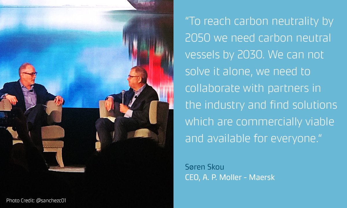 Maersk's tweet photo. #Collaboration is key for us to reach #zero2050. Søren Skou, at #TPM2019, says that the most realistic solutions are probably either #biofuel or e-fuel solutions. #readyforanything https://t.co/A8CuFCpvQG