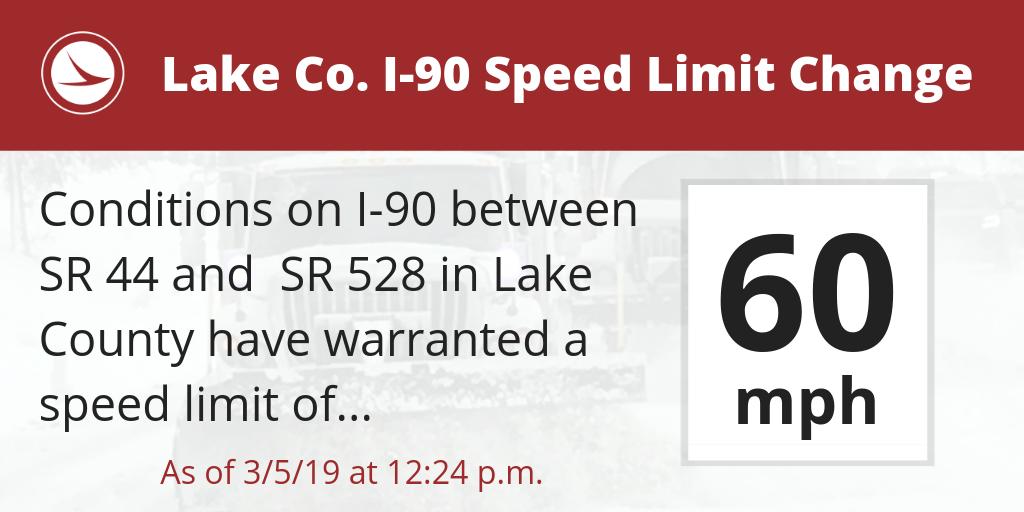 Current conditions on I-90 between SR 44 and SR 528 in #LakeCountyOH have warranted a speed limit of 60 mph as of 12:24 p.m. (3/5/2019)