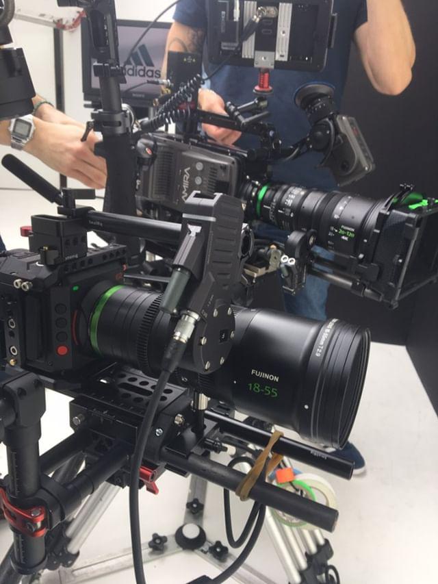 FUJIFILMProd's tweet photo. #BehindTheScenes: #DP Christopher Loren Ewers, equipped w/his #FUJINON 20-120 Cabrio, alongside Camera Operator @MikeDellaPolla on the gimbal w/his MK 18-55 cine zoom (w/MFT mount) on the set of a recent fashion campaign shoot. Both are pulling off a Tilta Nucleus-M. #FujinOnSet https://t.co/V3vgSsd8wX