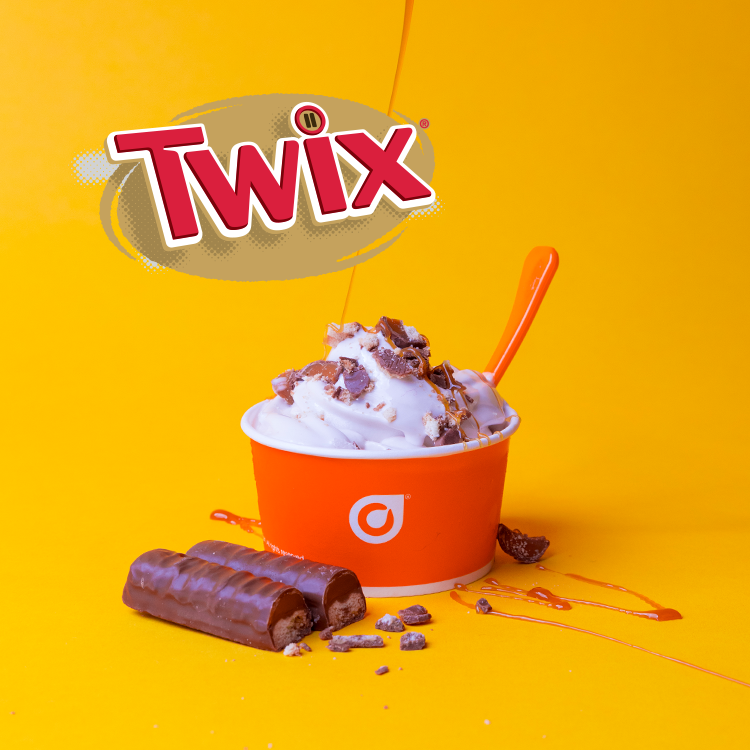 NOW SWIRLING: Salted Caramel Froyo made with Twix. Experience the taste of crunchy cookie, smooth caramel, and creamy chocolate blended into our Salted Caramel Froyo. It's the perfect match!