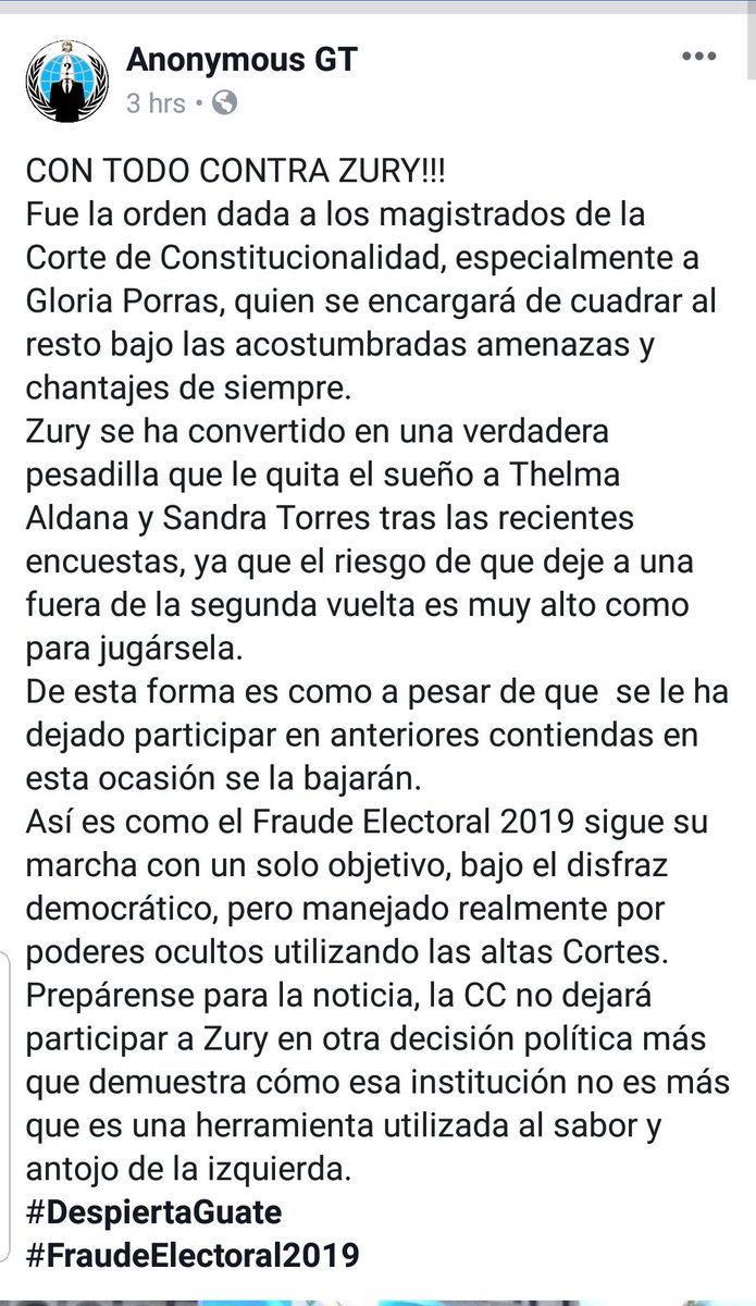 Hay quienes usan páginas pagadas para gritar “CON TODO CONTRA ZURY” y yo les propongo gritar en la CC “CON TODO A FAVOR DE LA DEMOCRACIA”. Quitar candidatos es de cobardes, mantenerlos de valientes. 😉
#NosTienenMiedo #NosVemosEnLasUrnas

m.facebook.com/story.php?stor…