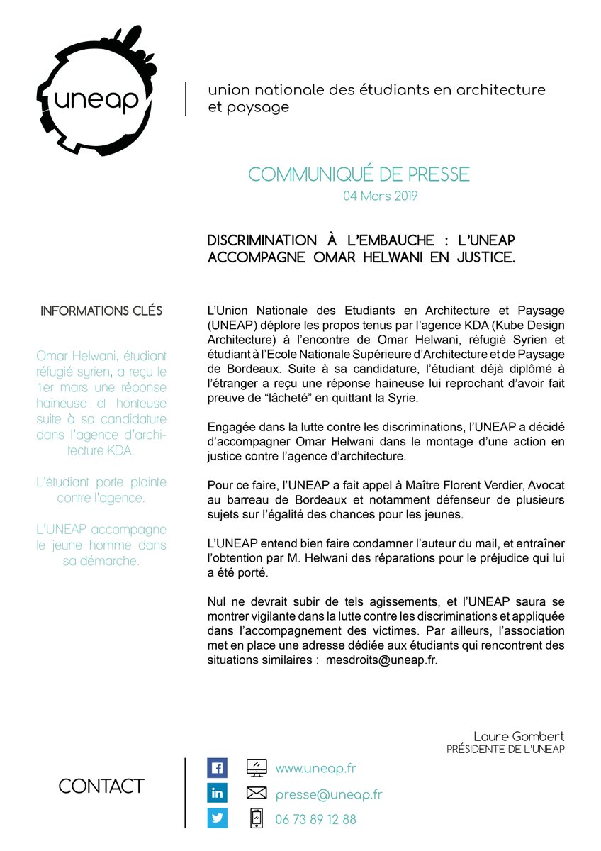 _UNEAP's tweet photo. L'@_UNEAP a décidé d'accompagner Omar Helwani afin de poursuivre l'agence KDA en justice.
#UNEAP #Étudiants #TeamArchi #TeamPaysage #MesDroits https://t.co/nh5OZTjRUa