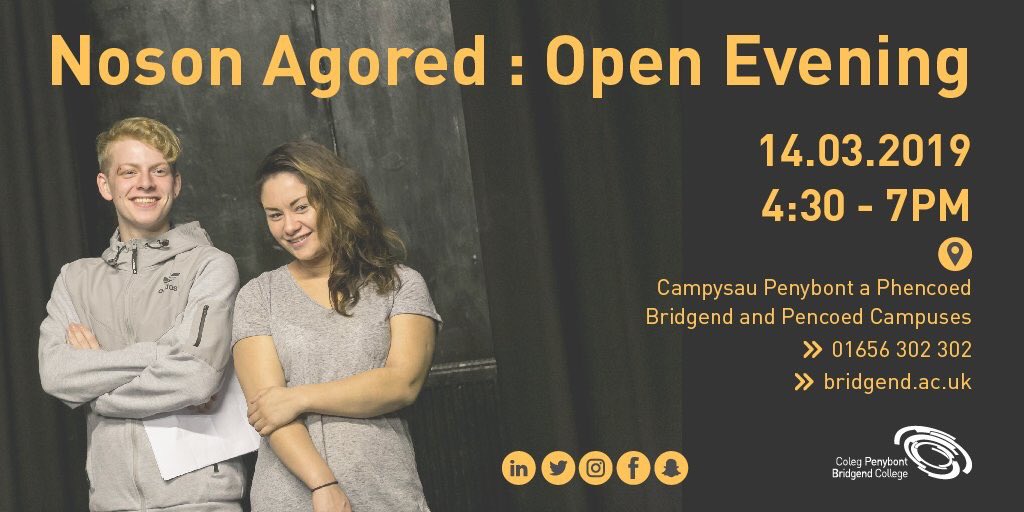 BridgendCollege's tweet photo. Just over a week until our open evening! Discover all of the opportunities available at #BridgendCollege #Fulltimecourses #Universitycourses #apprenticeships #SkillsforLife #Parttimecourses https://t.co/yM7842WwTs
