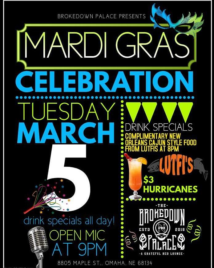 Fat Tuesday is here! Come out and celebrate Mardi Gras with us. There's really no better way to celebrate the occasion. Drink specials all day. $3 Hurricanes and New Orleans Cajun style food from Lutfis Fried Fish at 8pm. It's open mic night too! #MardiGras2019 #BrokedownPalace