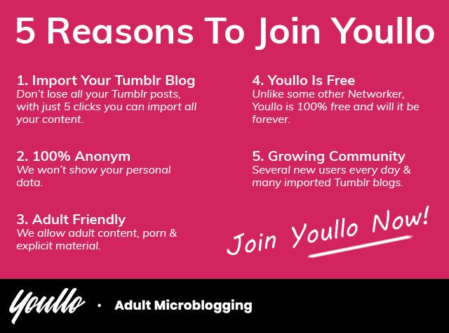 Youllo_net's tweet photo. It's time for a change, join Youllo now: https://t.co/wveLz0R8da
#tumblr #tumblrrefugees #TumblrIsOverParty #tumblrpurge #youllo #nsfw #tumblrprotest #tumblrgeddon #riptumblr #tumblrmigration #tumblralternative #tumblrisover #tumblrmigrants https://t.co/t58A37ZB4E