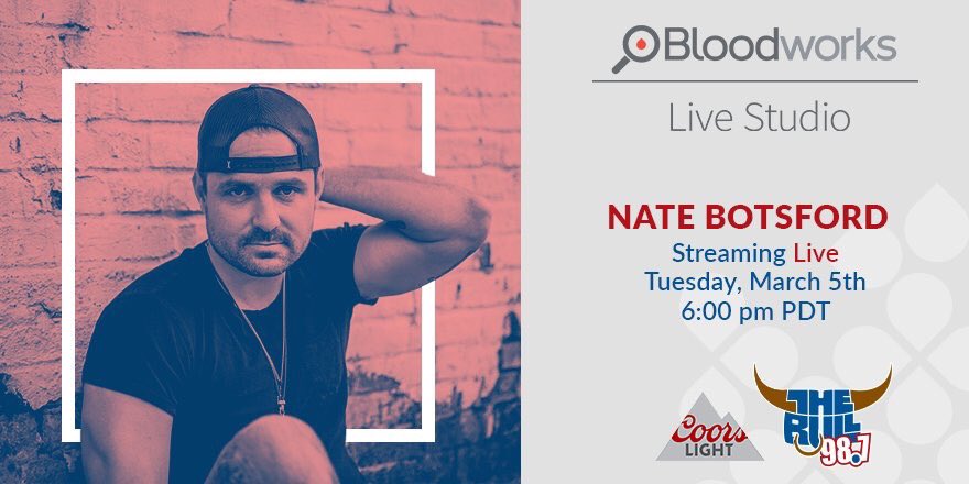 Tonight! <a href="/natebotsmusic/">Nate</a> in for a <a href="/987thebull/">98.7 The Bull</a> session! Doors open early for a #happyhour with <a href="/CoorsLight/">Coors Light</a> 🙌 #livestream at bloodworkslivestudio.com #natebotsford #musicisinourblood