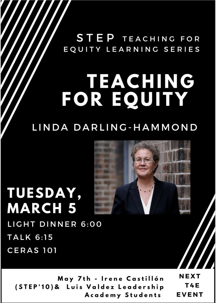 SUTeacherEd's tweet photo. Join us today for a #teachingforequity event with @LDH_ed, whose work focuses on school restructuring, teacher education, and educational equity. She was recently named the new head of the CA State Board of Education. https://t.co/uttM3bKZ6T