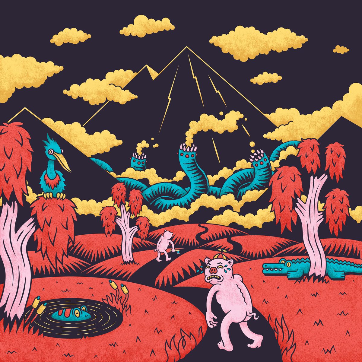 love the Dr. Seuss aesthetic of Cam Lofstrand's album cover (he of the band <a href="/blackmathdurban/">Black Math</a>), conjured for the debut LP by South African experimental psychedelic fuzz-wonders RETURN TO WORM MOUNTAIN (returntowormmountain.bandcamp.com).