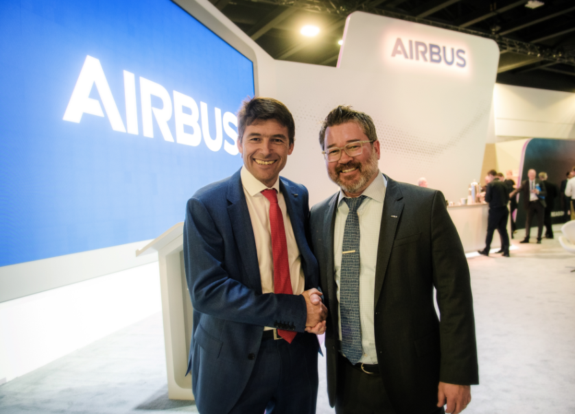 AirbusHeli_usa's tweet photo. At the #Airbus booth opening, @BrunoEven, @AirbusHeli CEO, and @CEmerson, President of @AirbusHeli_usa, welcomed customers to the booth, thanked them for trusting us with their needs, and talked about the products &amp; services presented at the booth. #HaiEXPO19 #CustomerExperience https://t.co/nVyxFrrsxN