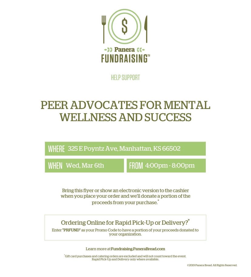 Wildcats, stop by Panera  (at the new Eastside location near Ashley Furniture mart) between the hours of 4-8pm tomorrow and show them the flier below to support Peer Advocates for Mental Welness and Success! P.A.W.S. will receive 20% of the profits!