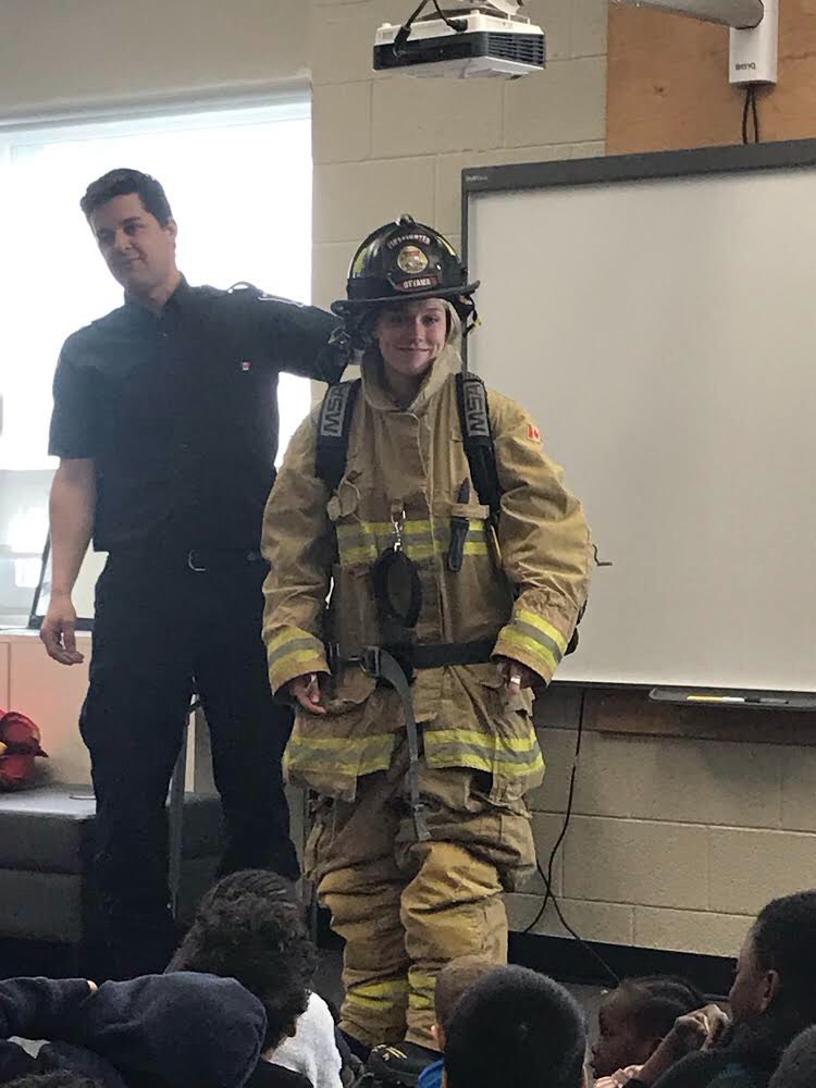 KPCkinders1's tweet photo. Yesterday we had a very special visitor who taught us all about fire safety. Mrs. Jackson and Ms. Kathmann even got to model the fire gear! https://t.co/94lgV9Ypwd