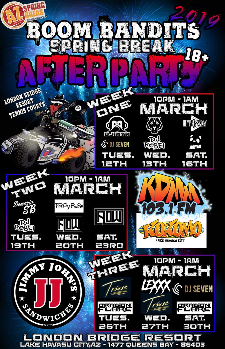 LakeHavasuH2o's tweet photo. STARTING NEXT WEEK!!
THE BOOM BANDITS TAKE OVER @ THE COURTS!!!
#LondonBridgeResort #KokomoHavasu #BoomBandits #18plus #SpringBreak #SpringBreak2019 #SpringBreak2k19 #SBhavasu #HavasuSpringBreak #time #spring #LakeHavasuH2o #Bikinis #Havasu #LakeHavasu #LakeHavasuCity #Arizona https://t.co/NA3MQx8HqG
