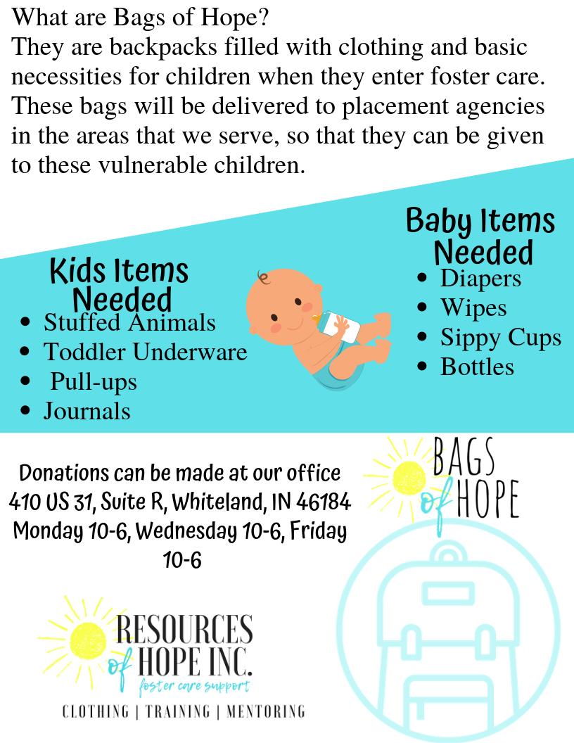 IncResources's tweet photo. Yesterday I shared a video with you about Bags of Hope and how we are prepping bags for the incoming foster kids. 

These are the items needed.

We appreciate all that you do for these children, and to help Resources of Hope make a difference for as many children as possible.💛 https://t.co/6m8tSrgZ7s