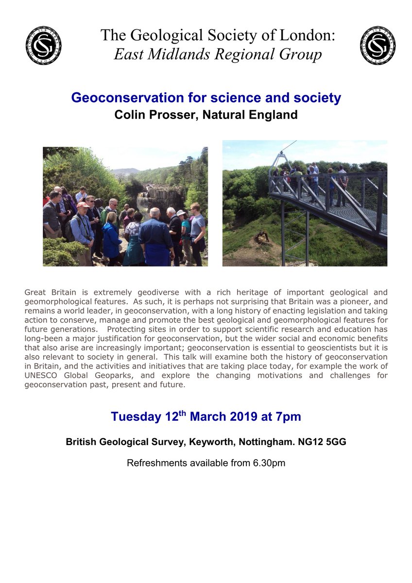 EMRGGeolSoc's tweet photo. Please join us on 12 March at 6:30pm to hear Colin Prosser from @NaturalEngland talk about 'Geoconservation for science and society' at @BritGeoSurvey Keyworth #geology #nottingham #eastmidlands https://t.co/B7dnWX5dem